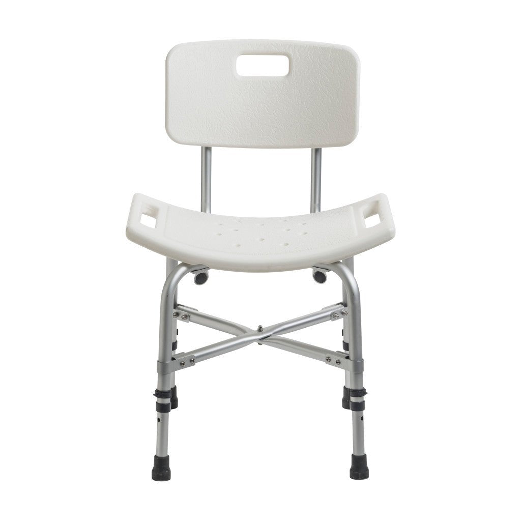 Front view of the heavy duty shower chair showing the curved seat, drainage holes, and cross-braced aluminum legs for extra stability.