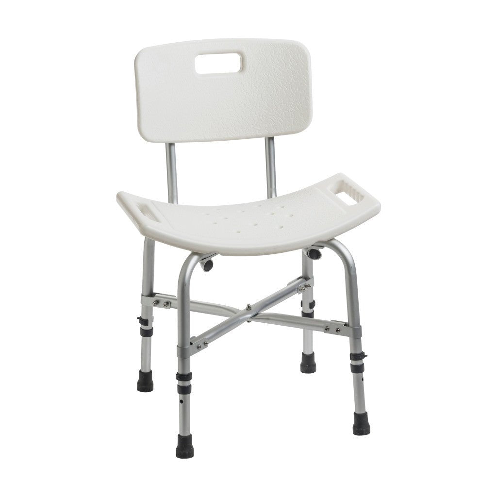 Bariatric shower chair with back and a 20 inch wide seat with built-in hand grips at each end, rated to 500 lb for safe seated showering.