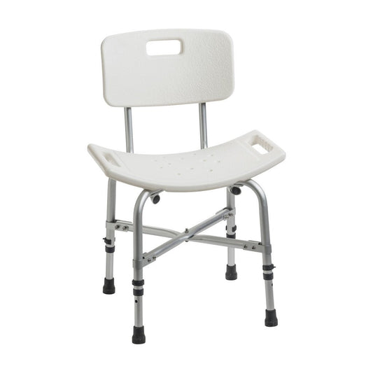 Bariatric shower chair with back and a 20 inch wide seat with built-in hand grips at each end, rated to 500 lb for safe seated showering.