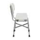Side view of the shower chair showing the 12 inch deep seat, supportive back, and height adjustable legs with rubber tips.