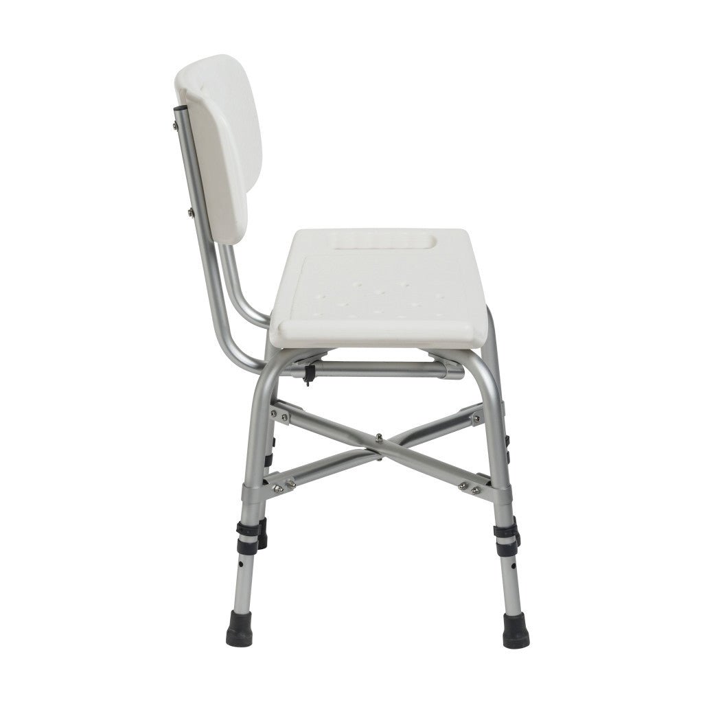 Side view of the shower chair showing the 12 inch deep seat, supportive back, and height adjustable legs with rubber tips.