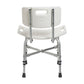 Back view of the bariatric shower chair showing the molded backrest with handle cutout mounted on two aluminum posts.