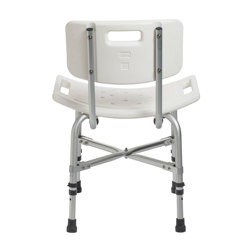 Back view of the bariatric shower chair showing the molded backrest with handle cutout mounted on two aluminum posts.