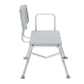 Transfer bench seen from the side arm end, the grab arm a bather holds for leverage when sliding across the seat into the tub.