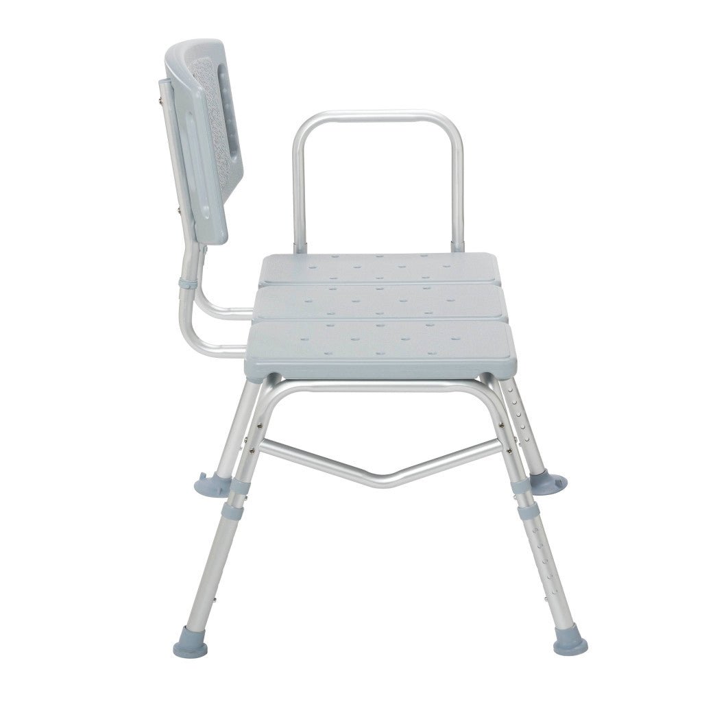 Transfer bench seen from the side arm end, the grab arm a bather holds for leverage when sliding across the seat into the tub.