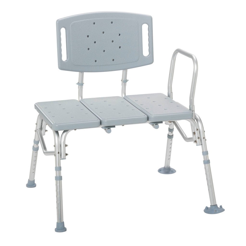 Bariatric tub transfer bench with a wide three-panel seat, reversible back, and side arm, rated to 500 lb for safe bathtub entry.