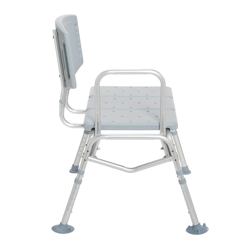Side view of the tub transfer bench showing the 16.5 inch deep seat, drainage holes, and cross-braced legs with large suction feet.