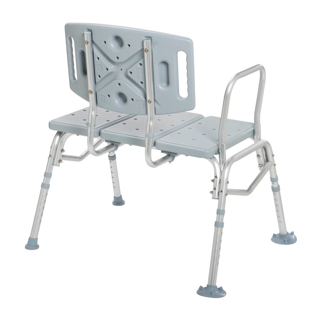 Rear view of the bariatric transfer bench showing the reinforced back frame and A-frame legs that add stability for users up to 500 lb.