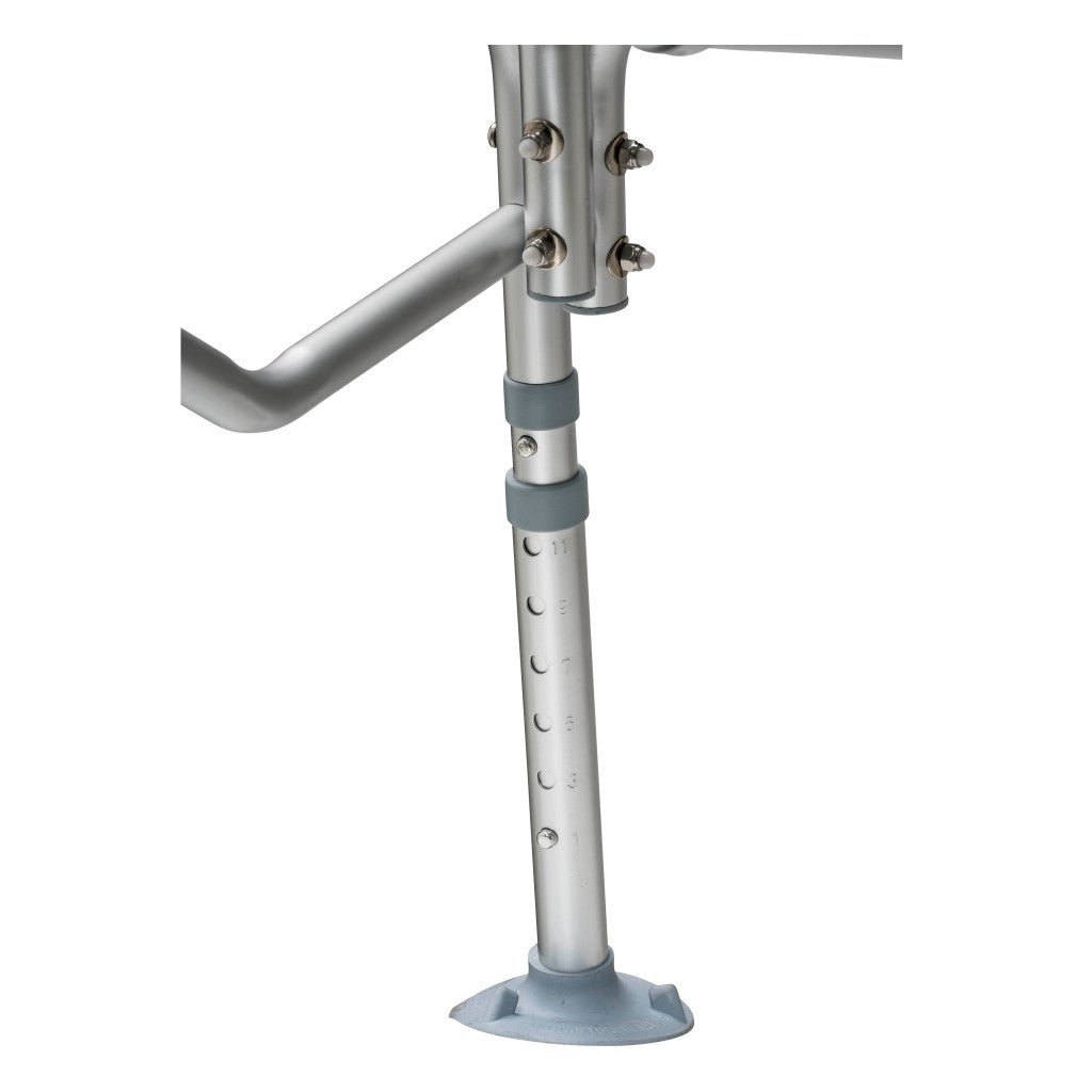 Close-up of the transfer bench leg: dual-column extension adjusts seat height in half inch steps and ends in a large locking suction cup.