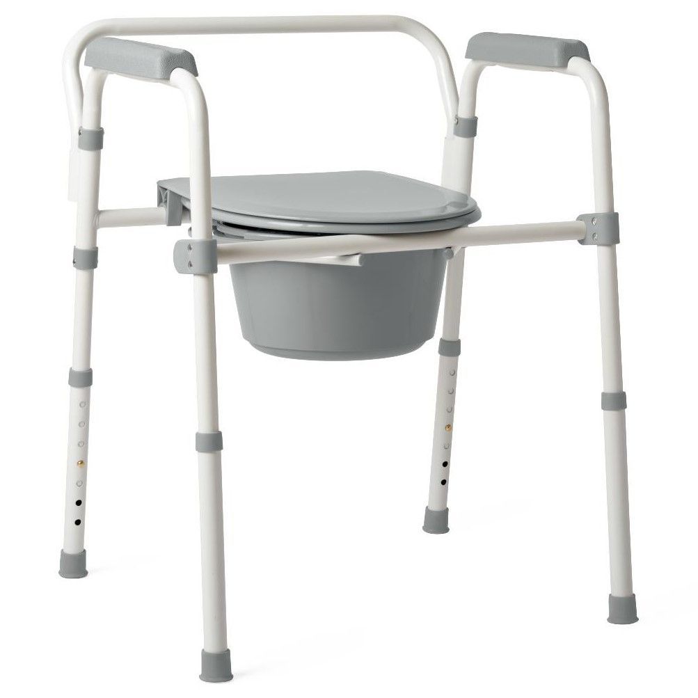 The Medline Guardian 3-in-1 commode with its powder coated folding steel frame