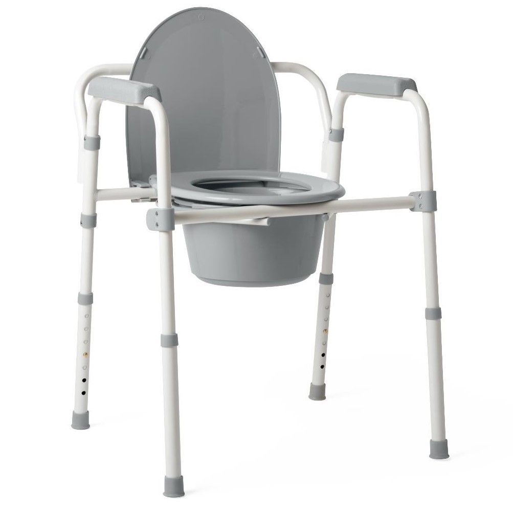 Detail view of the Medline Guardian commode seat and lid with the removable bucket and handle beneath