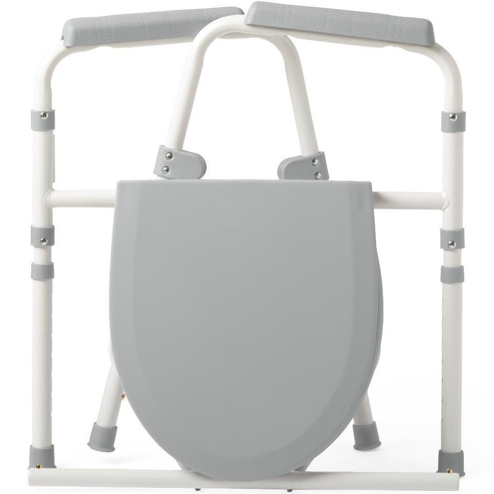 Side view of the Medline Guardian 3-in-1 folding steel commode showing the height adjustable legs with push-button settings
