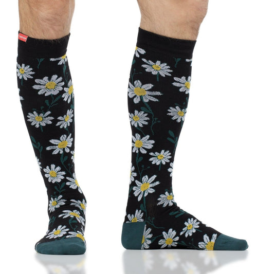 Compression Socks | Crazy Daisy Black and Yellow Vim & Vigr - AskSAMIE: Answers for Accessibility