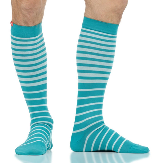Compression Socks for Lymphedema and Swelling | Falling Stripe Turquoise & Teal Vim & Vigr - AskSAMIE: Answers for Accessibility
