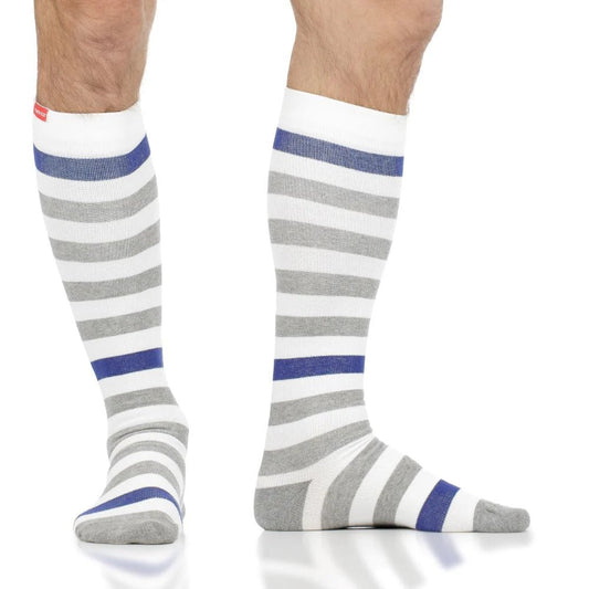 Compression Socks | Thick Stripe Cream & Heathered Grey Vim & Vigr - AskSAMIE: Answers for Accessibility