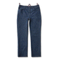 Dark indigo five-pocket jeans animated with the fly opening to reveal a column of hidden magnetic closures