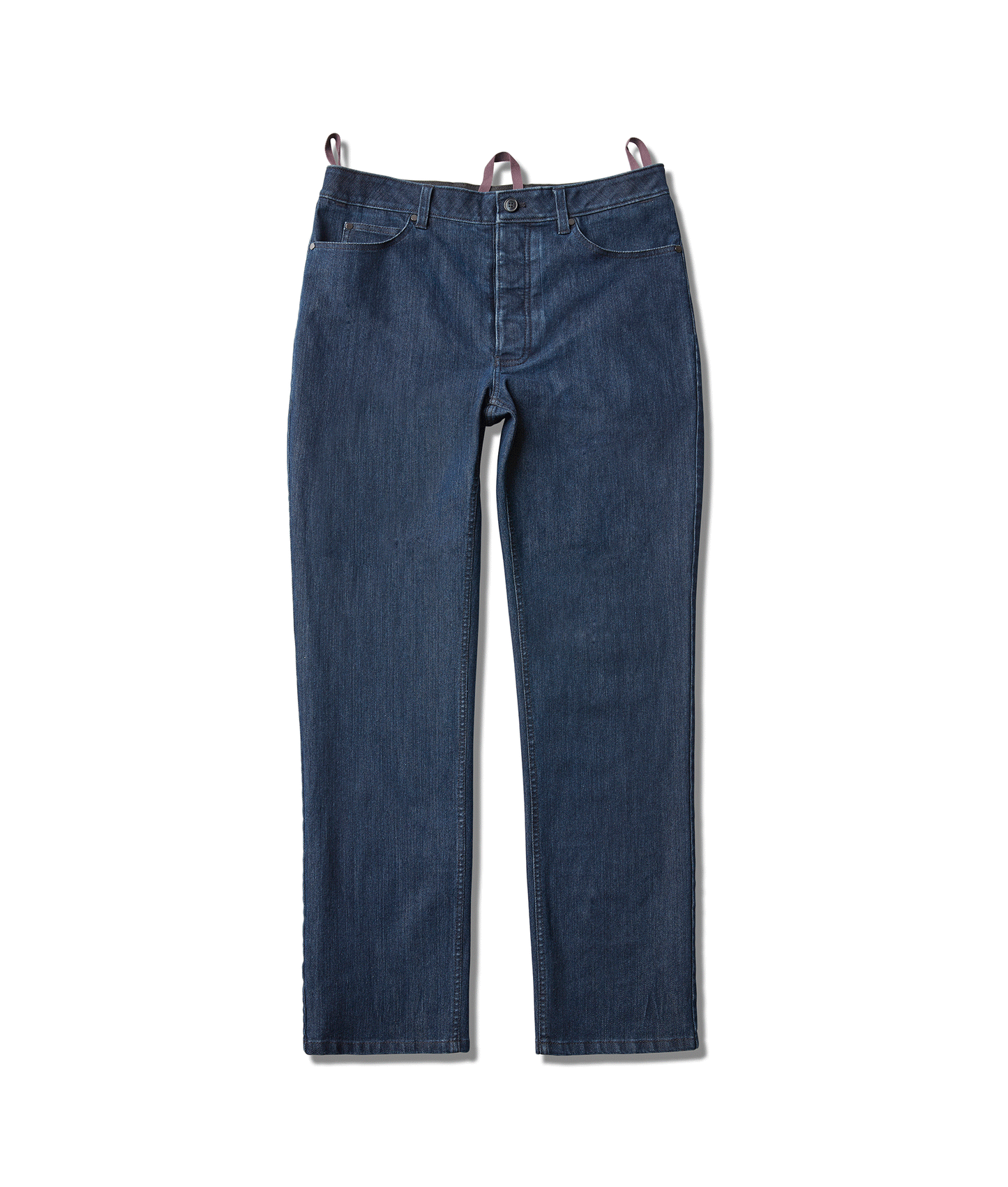 Dark indigo five-pocket jeans animated with the fly opening to reveal a column of hidden magnetic closures