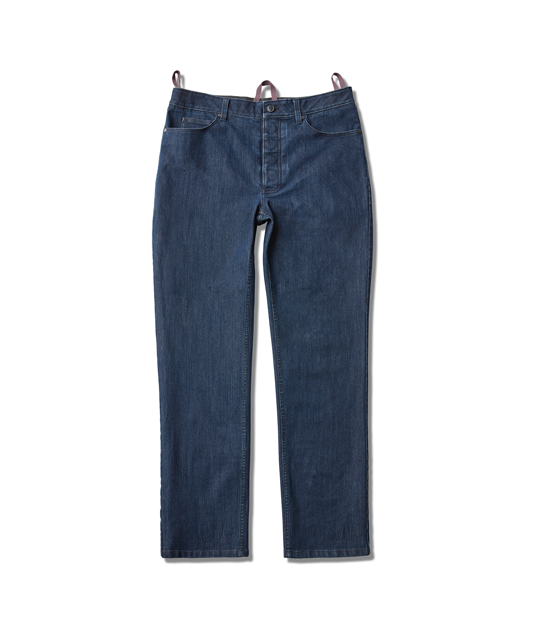 Dark indigo five-pocket jeans animated with the fly opening to reveal a column of hidden magnetic closures