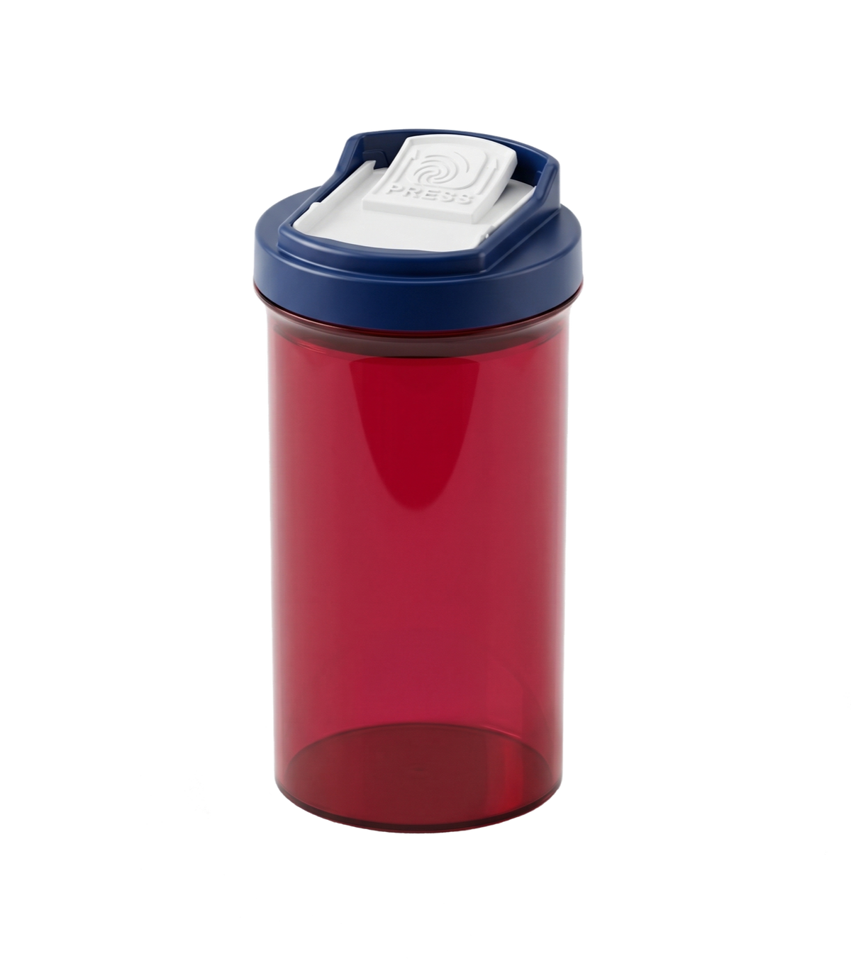 Patriotic SnapSlide one-handed easy open pill bottle standing upright, a red child-resistant prescription vial with a navy no-twist slide cap for people with arthritis or weak hands.