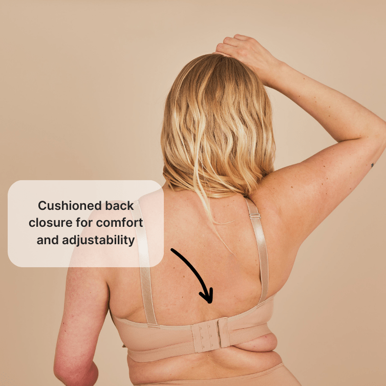 Easy-On Mobility Bra by Springrose back view with cushioned closure in beige - AskSAMIE: Answers for Accessibility
