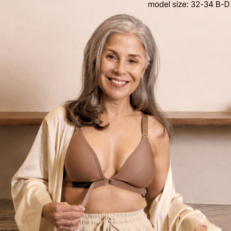 Easy-On Mobility Bra by Springrose in mocha, front view with Velcro closure - AskSAMIE: Answers for Accessibility