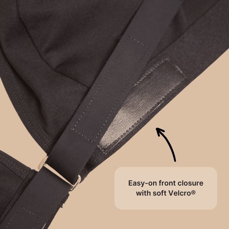 Easy-On Mobility Bra by Springrose Velcro front closure detail in black - AskSAMIE: Answers for Accessibility