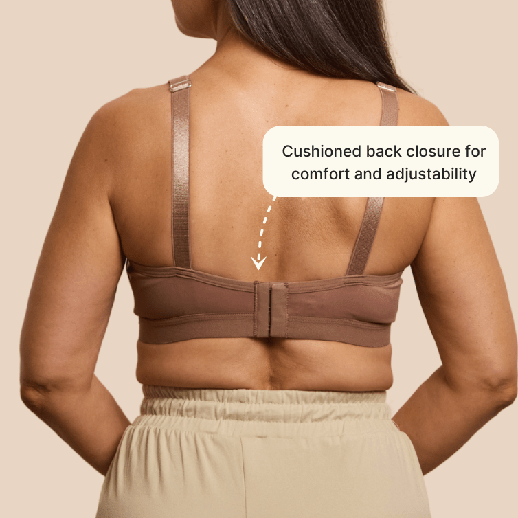 Easy-On Mobility Bra by Springrose back view with cushioned closure in mocha - AskSAMIE: Answers for Accessibility