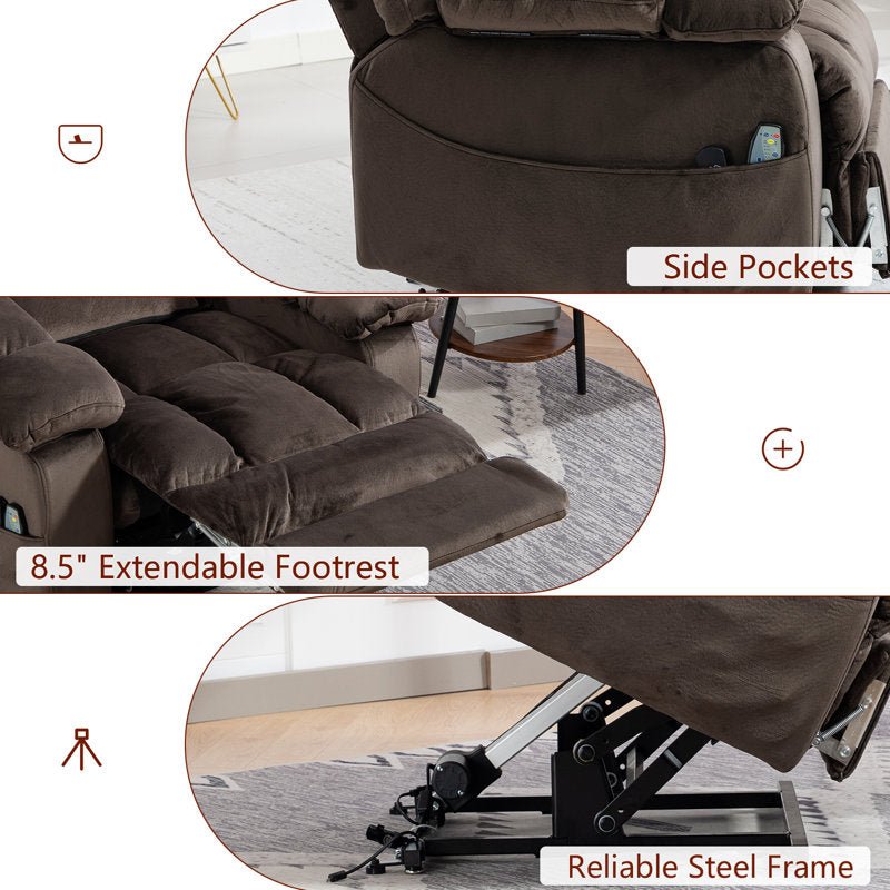 Lift chair details: side pockets, an 8.5 inch extendable footrest, and a steel lift frame under the seat.