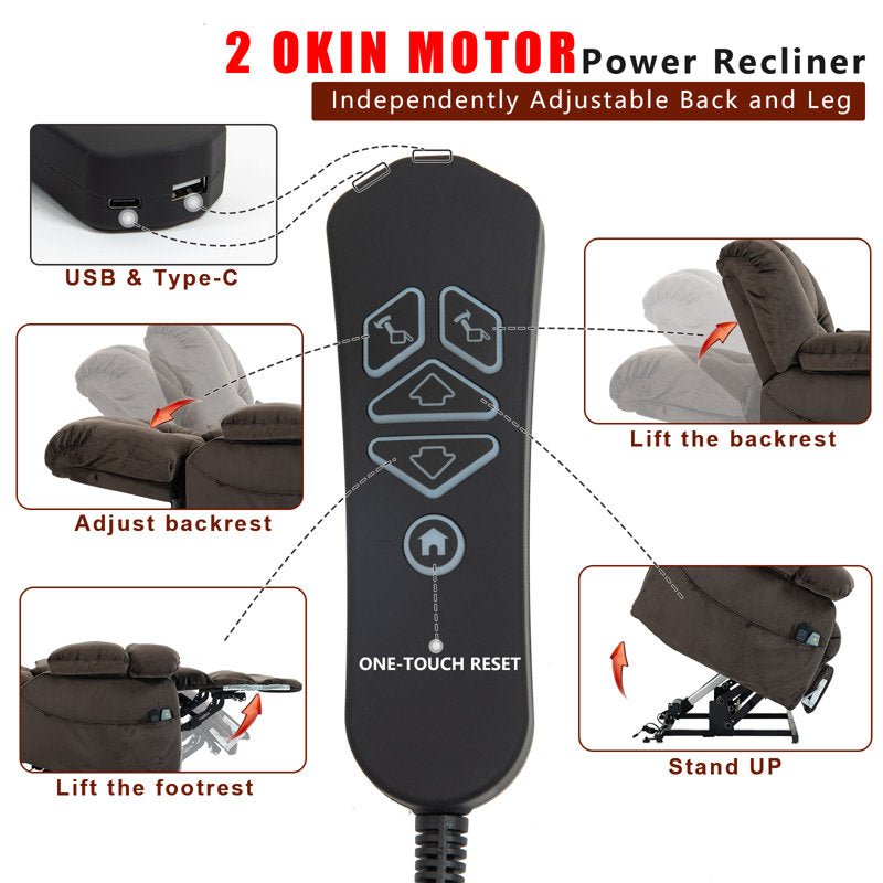 Dual OKIN motor lift chair remote that adjusts the backrest and footrest separately, lifts to standing, and resets, with USB and Type-C ports.