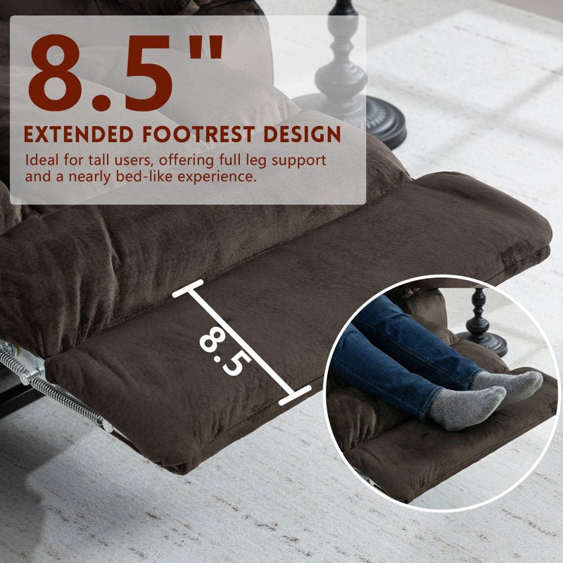 Legs resting on the 8.5 inch extended footrest of the lift recliner, for full leg support for tall users.