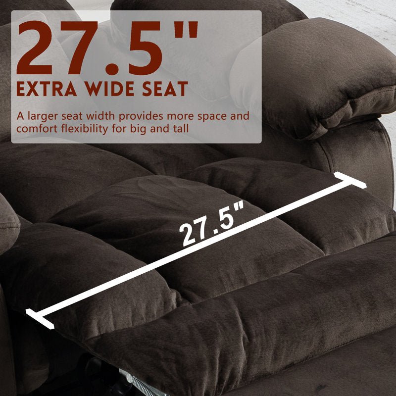 Close-up of the 27.5 inch extra wide seat on the power lift recliner, giving big and tall users more room to sit and shift.