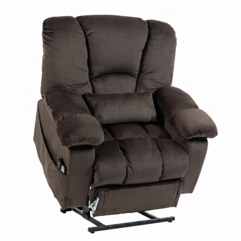 Extra large power lift recliner tilted forward on its steel lift base, raising the seat to help a senior stand up with less strain.