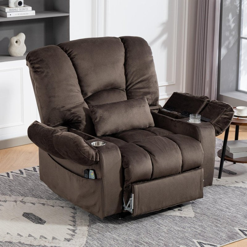 Extra wide lift chair recliner in a living room with its storage armrest open and a glass in the cup holder, rated for 500 lb.
