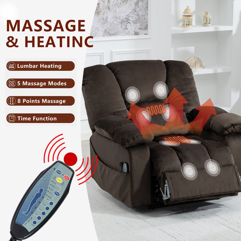 Lift recliner with lumbar heating, 8 massage points, 5 massage modes, and a timer, controlled from a handheld remote.