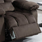 Close-up of the lift recliner's raised footrest and plush pillow-top seat cushions in brown velvet.