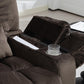 Open storage armrest on the extra wide lift recliner, with room for papers and a built-in cup holder.