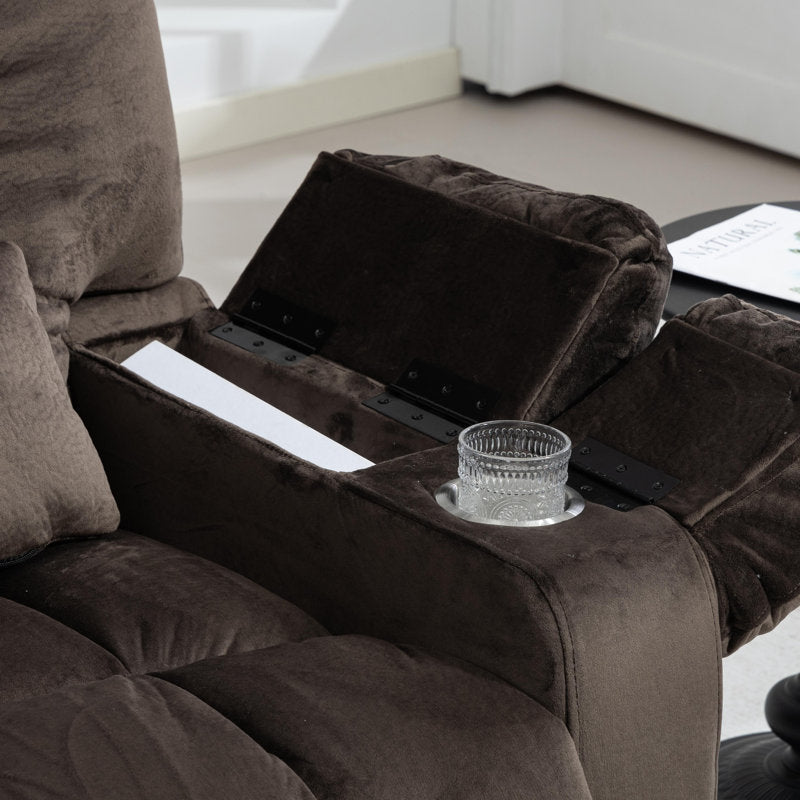 Open storage armrest on the extra wide lift recliner, with room for papers and a built-in cup holder.