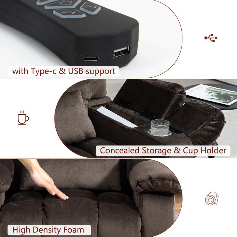 Lift chair details: USB and Type-C charging, a concealed storage armrest with cup holder, and high density foam cushions.