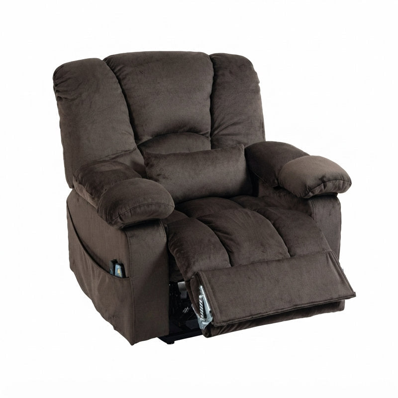 Extra wide brown velvet power lift recliner with the footrest raised, shown on a white background.