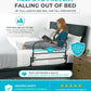 A bed with a black metal fall prevention rail shown in a bedroom scene, with a woman lying in bed using a book. The image includes marketing text and callouts explaining how the rail helps prevent falling out of bed, with a 30-inch measurement graphic. Flip Down Bed Rail AskSAMIE - AskSAMIE: Answers for Accessibility