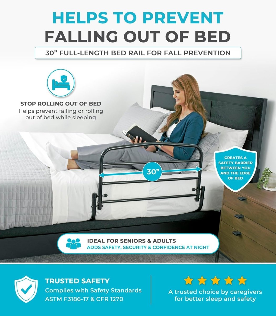 A bed with a black metal fall prevention rail shown in a bedroom scene, with a woman lying in bed using a book. The image includes marketing text and callouts explaining how the rail helps prevent falling out of bed, with a 30-inch measurement graphic. Flip Down Bed Rail AskSAMIE - AskSAMIE: Answers for Accessibility