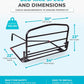 Bed rail specs and dimensions infographic showing a black metal bed frame with labeled measurements for rail length, rail height, base length, and under-mattress depth on a light blue background. Flip Down Bed Rail AskSAMIE - AskSAMIE: Answers for Accessibility