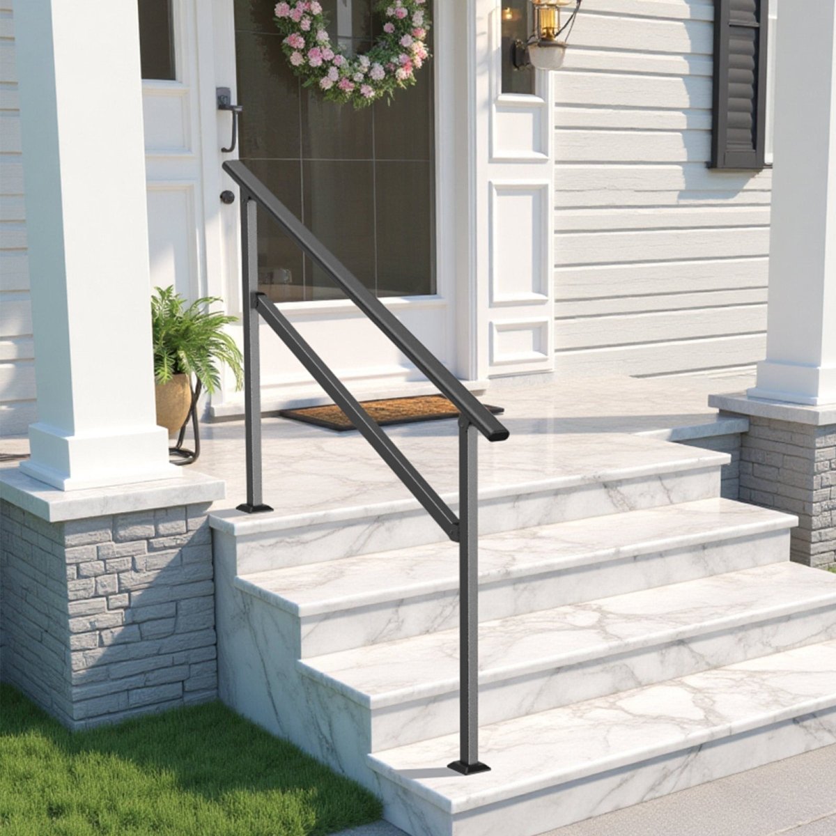 4 step porch railing with a 54.3 inch black handrail bolted to front entry steps for support going up and down.