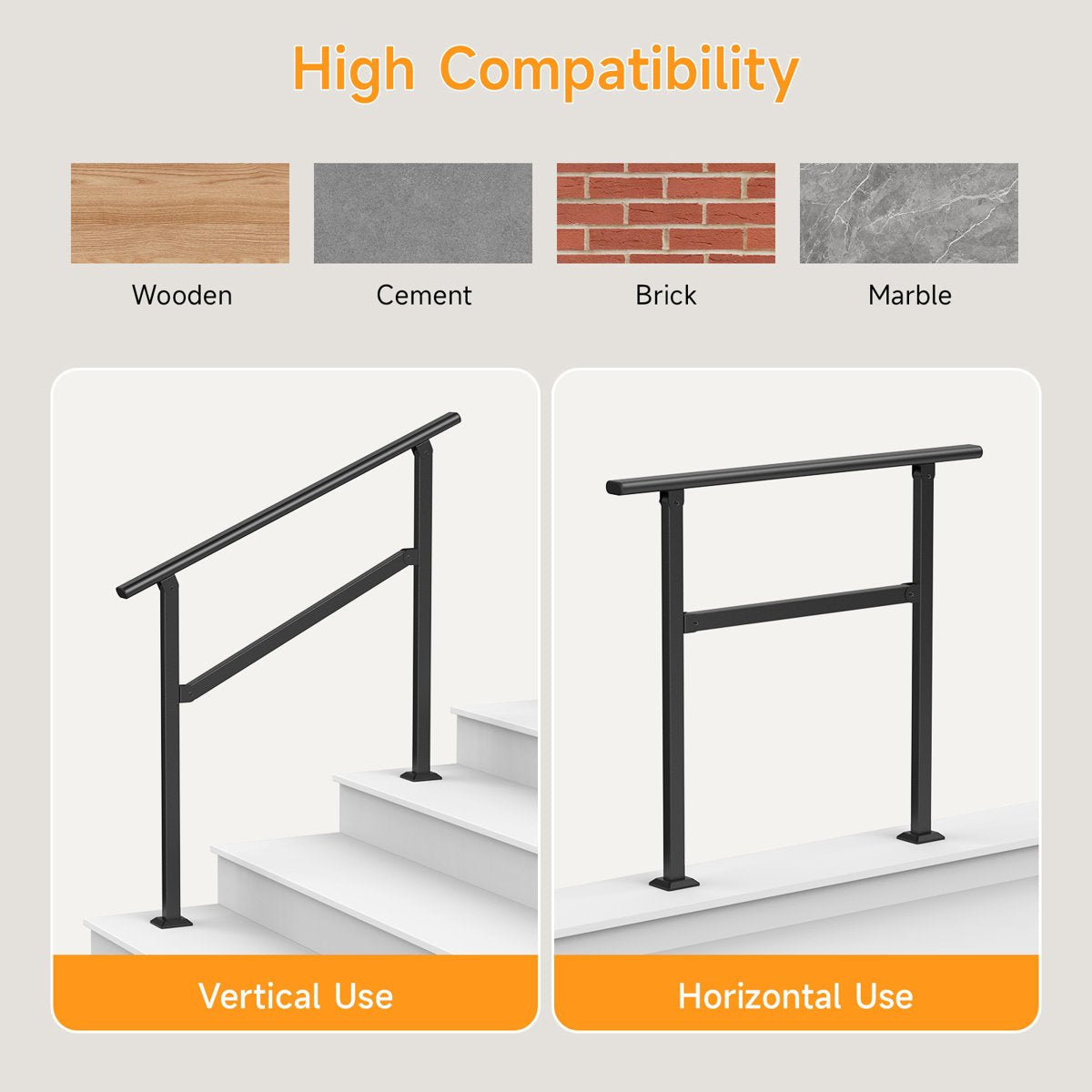 Outdoor step hand rail fits wood, cement, brick, and marble steps and can be installed angled along the steps or level on a landing.