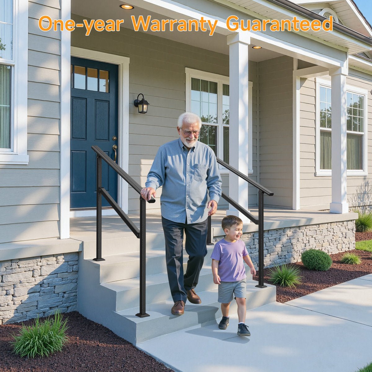 Older man walking down porch steps with a child while holding a black outdoor step hand rail, with matching rails on both sides of the steps.