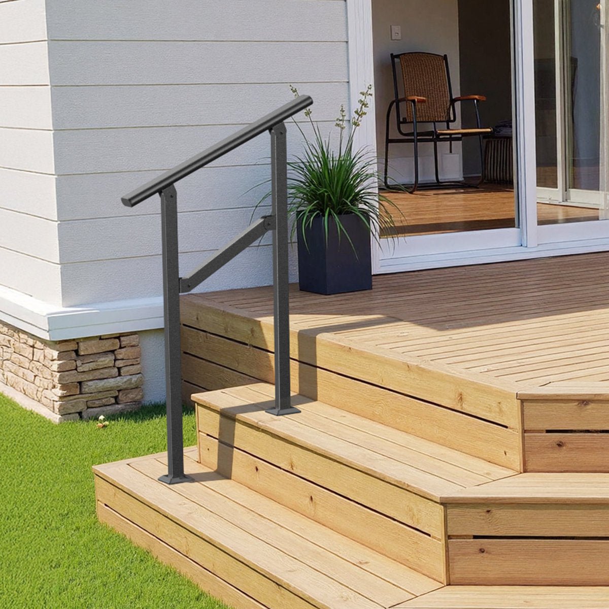 2 step hand rail for outdoor steps bolted to wooden deck stairs, giving a steady 26.8 inch handhold from the yard to the deck.