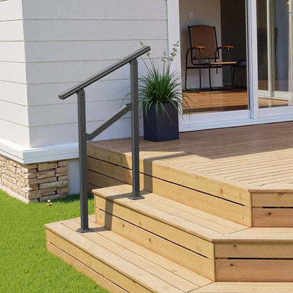 2 step hand rail for outdoor steps bolted to wooden deck stairs, giving a steady 26.8 inch handhold from the yard to the deck.