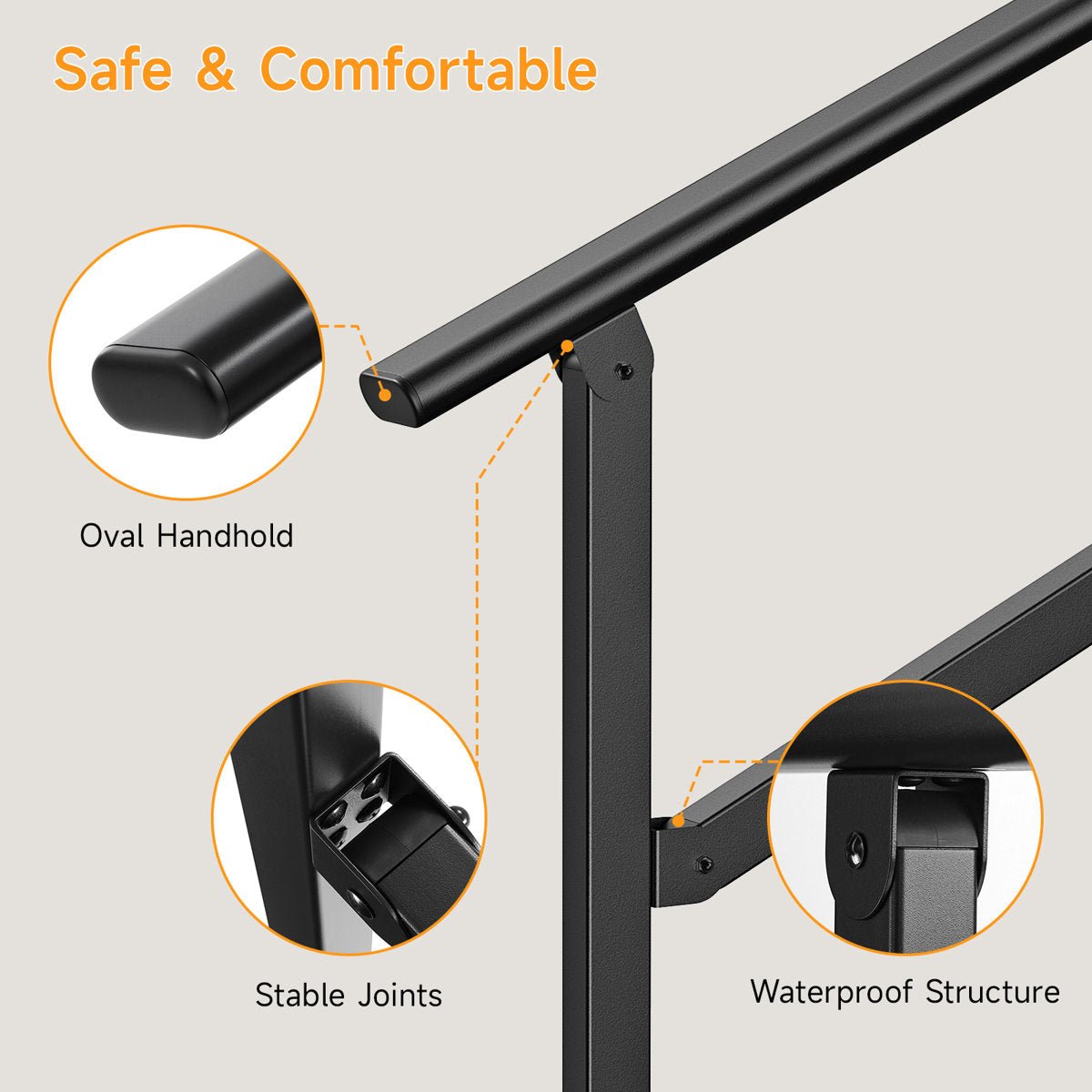 Closeup of the oval handhold, stable joints, and waterproof post structure on a black outdoor hand rail for seniors.