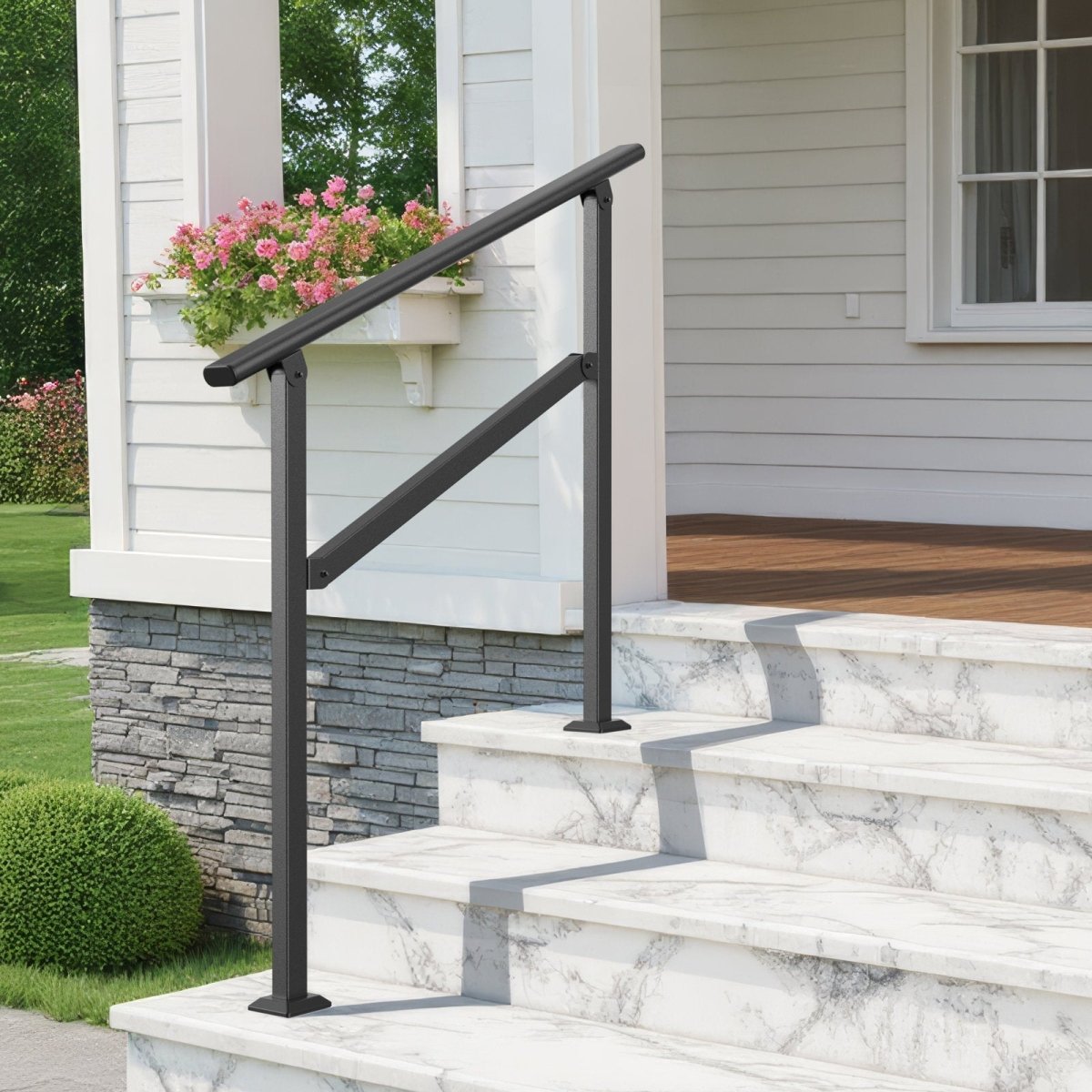 3 step outdoor hand rail mounted on white marble porch steps, a 40.6 inch black railing for safer front door entry.