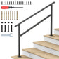 Black wrought iron hand rail for outdoor steps on a white background with its mounting screws, expansion anchors, and tools for a 2 to 5 step porch.